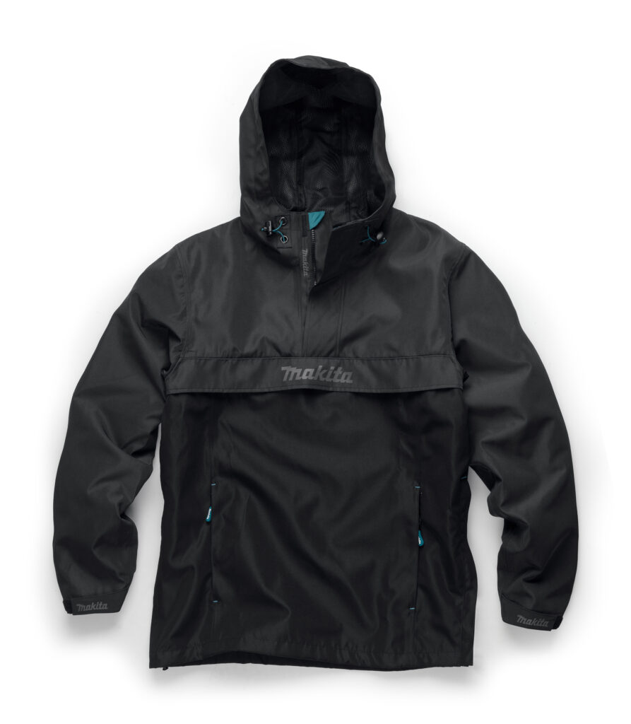 Black Makita rain jacket with hood laid flat, teal accents and logo on chest.
