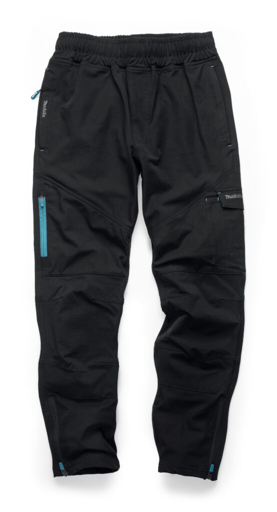 Black outdoor pants with teal zipper details and elastic waistband, multiple pockets and reinforced knee panels for rugged wear.