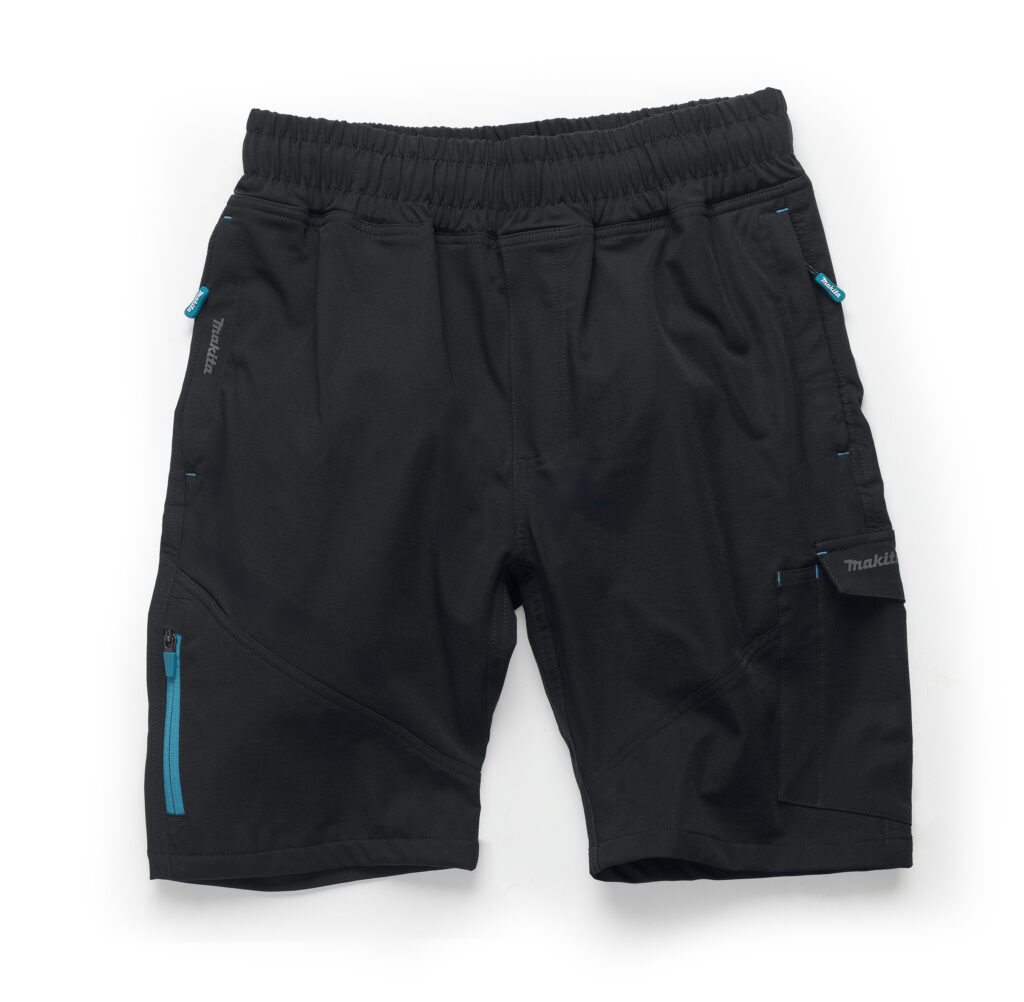 Pair of black outdoor pants with an elastic waistband and blue zippers, showing side pocket details and reinforced stitching.