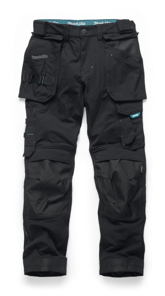 Black cargo pants with multiple pockets and blue stitching, laid flat for display on a white background.