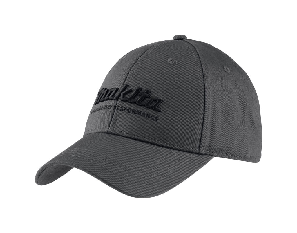 Gray baseball cap with dark cursive embroidery along the front panel and curved brim