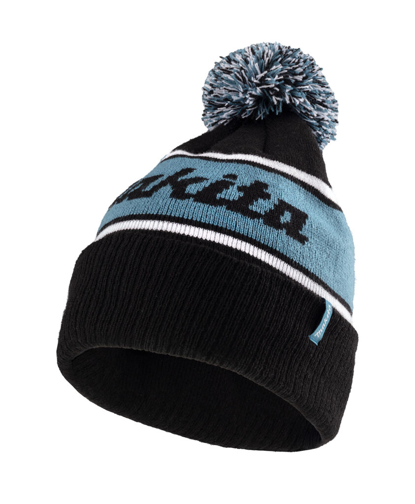 Black knit beanie with a light blue striped pattern and a fluffy blue pom-pom on top, plus a small blue label on the side