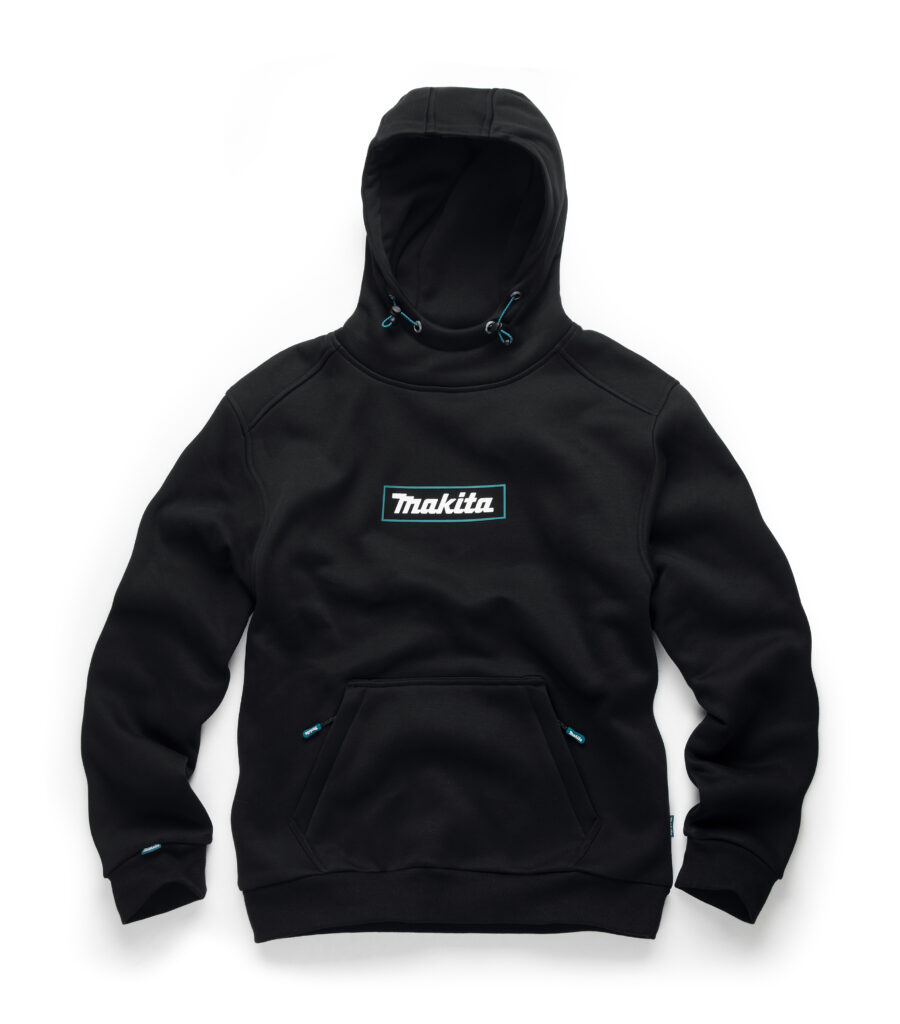 Black hoodie with the hood up, turquoise drawstrings, and a Makita logo on the chest, laid flat on a white background.