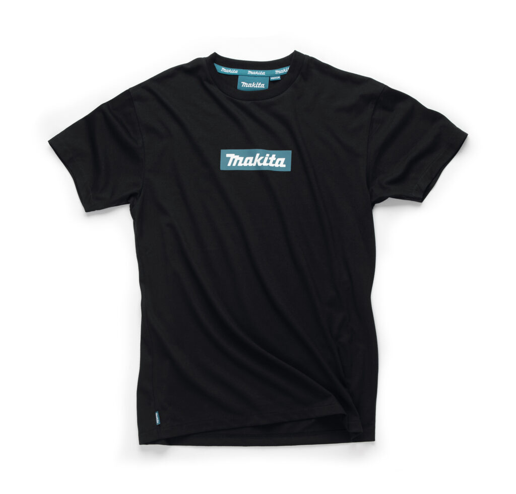 Black short-sleeve T-shirt laid flat with a blue Makita logo on the chest.