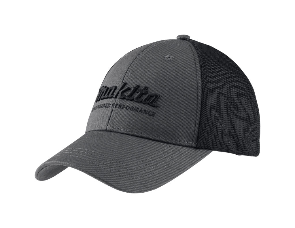Gray baseball cap with a black mesh back, shown from a low-angle side view with a curved brim. (informative) - close-up of front panel shows stitching and embroidery text.