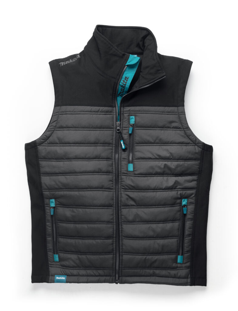 Black quilted sleeveless vest with teal zipper pulls and brand name Makita visible on the chest area, front view.