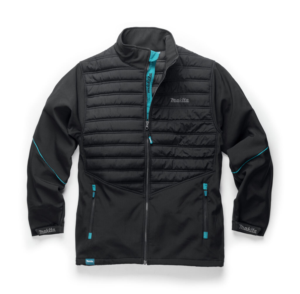 Black Makita-brand puffer jacket with turquoise zipper tape and teal accents visible on cuffs and pockets (outerwear, full view).