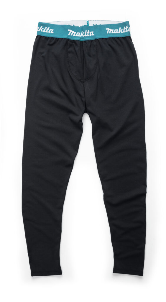 Black athletic leggings with a teal elastic waistband that says 'Makita' around the top edge.