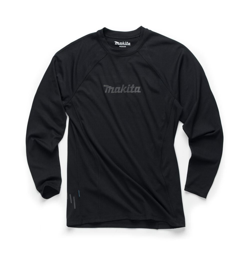 Black Makita long-sleeve athletic shirt laid flat with the Makita logo on the chest area.