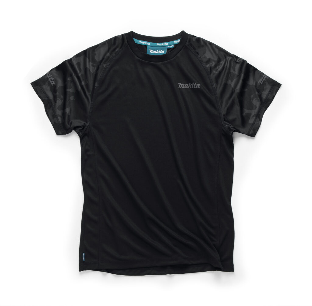 Black Makita athletic T-shirt with camouflage sleeves and blue Makita logos on chest and sleeve.