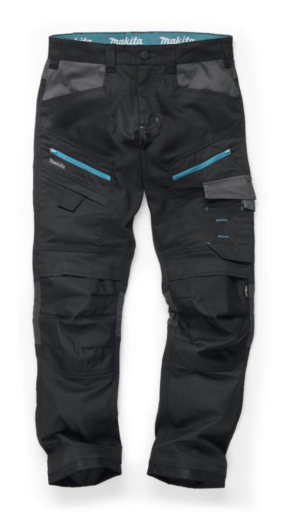 Black cargo pants with multiple pockets, teal zipper accents, and reinforced knee areas for outdoor or work wear.