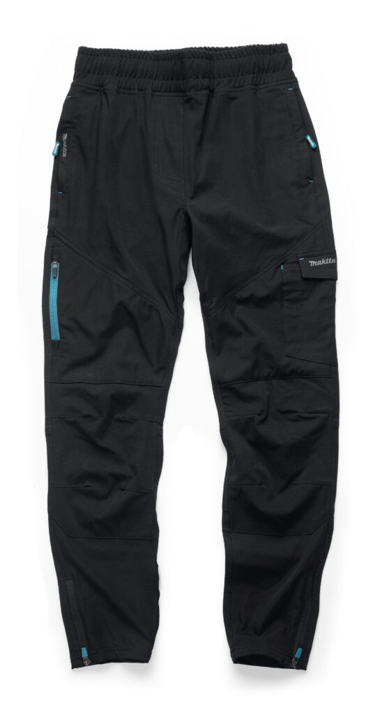 Black outdoor cargo pants with blue zipper accents and Makita branding, shown from the back/waist to legs edge for a product image.