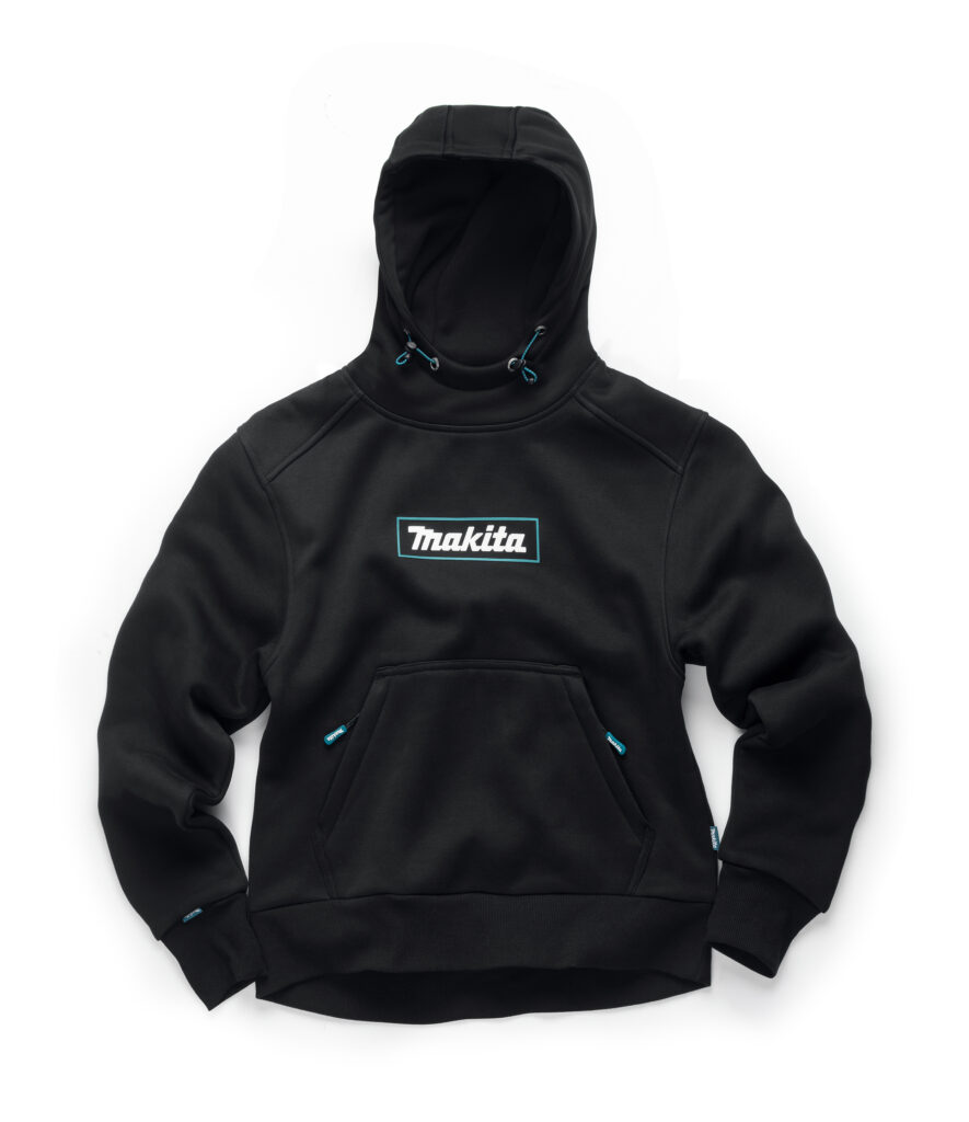Black hoodie with turquoise drawstrings and a Makita logo on the chest, front view showcases pocket and hood.