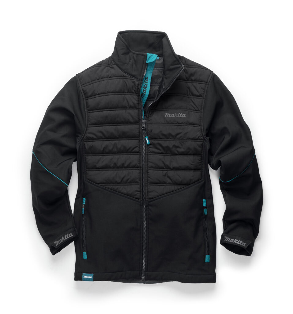 Black puffer jacket with teal zipper accents and Makita logo on chest, laid flat for display