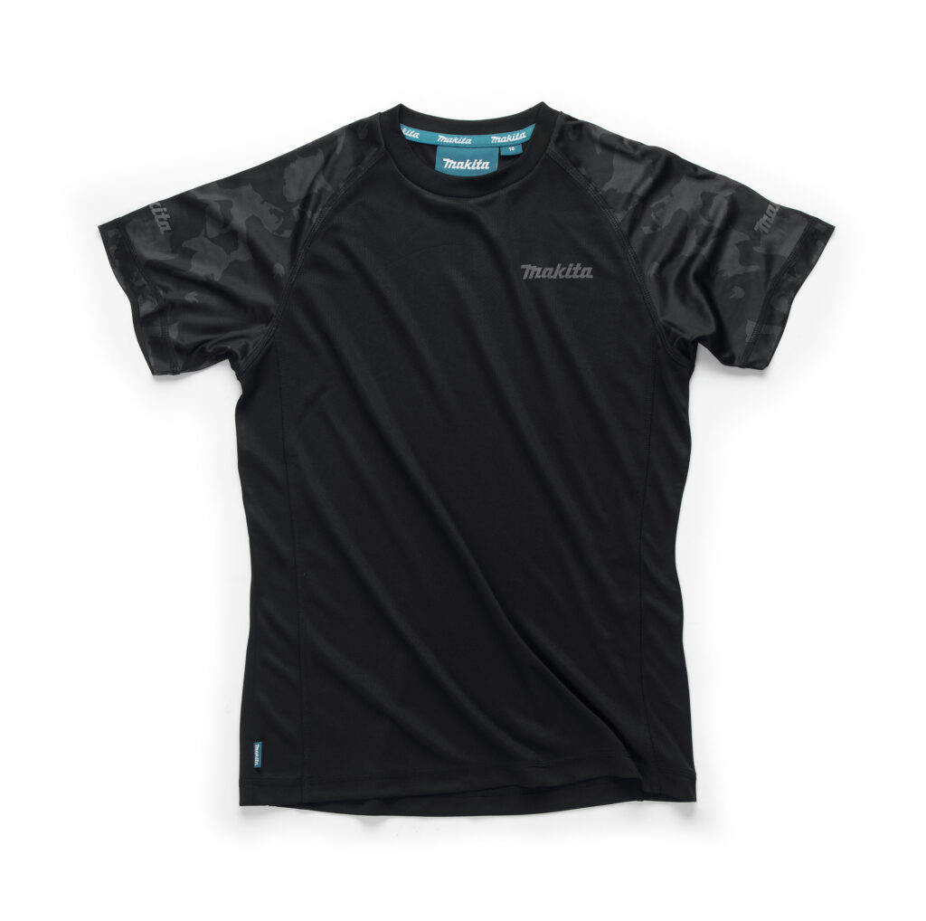 Black Makita athletic shirt with camouflage-pattern sleeves and teal Makita branding on the chest and tag details visible at the neckline and hem edge.