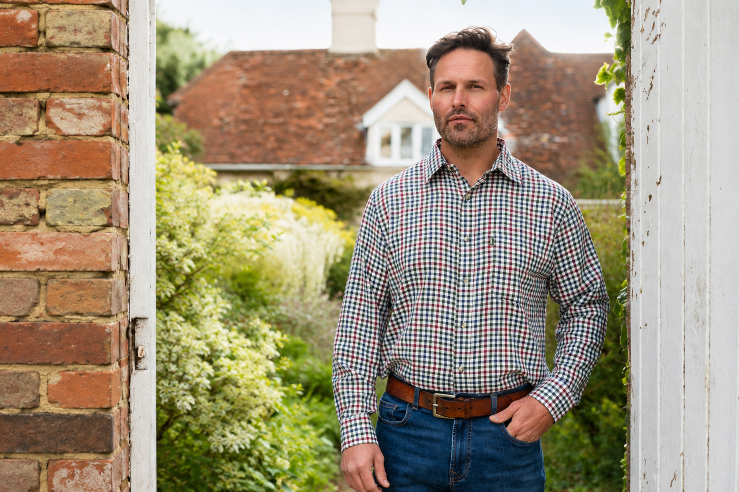 Man in a plaid shirt and jeans stands in a doorway between brick and white wood, with a garden behind him.